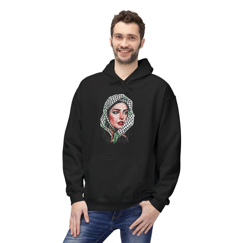 Palestine Woman Art Hoodie Unisex - Keffiyeh Scarf Dual-Sided Graphic Pullover