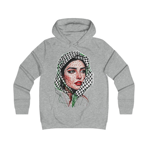 Palestinian Woman Face Art Hoodie - Keffiyeh Fractal Portrait College Sweatshirt