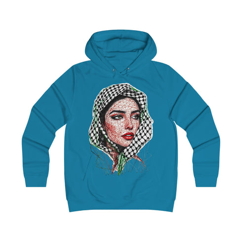 Palestinian Woman Face Art Hoodie - Keffiyeh Fractal Portrait College Sweatshirt