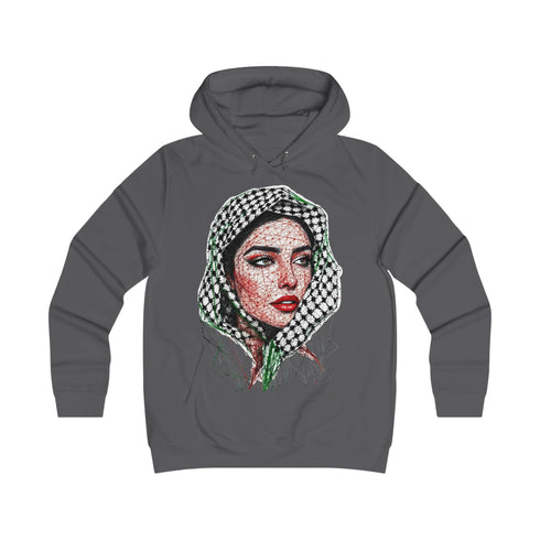 Palestinian Woman Face Art Hoodie - Keffiyeh Fractal Portrait College Sweatshirt