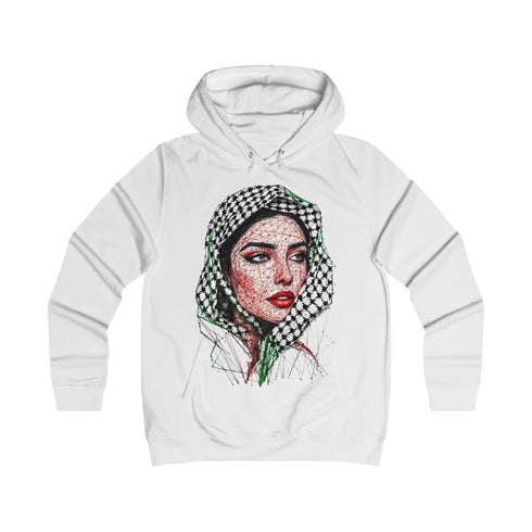 Palestinian Woman Face Art Hoodie - Keffiyeh Fractal Portrait College Sweatshirt