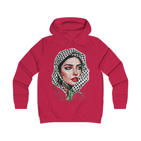 Palestinian Woman Face Art Hoodie - Keffiyeh Fractal Portrait College Sweatshirt