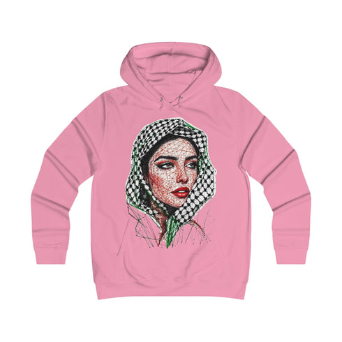 Palestinian Woman Face Art Hoodie - Keffiyeh Fractal Portrait College Sweatshirt
