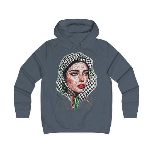 Palestinian Woman Face Art Hoodie - Keffiyeh Fractal Portrait College Sweatshirt