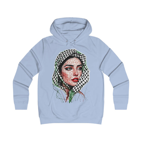 Palestinian Woman Face Art Hoodie - Keffiyeh Fractal Portrait College Sweatshirt
