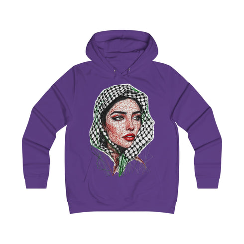 Palestinian Woman Face Art Hoodie - Keffiyeh Fractal Portrait College Sweatshirt