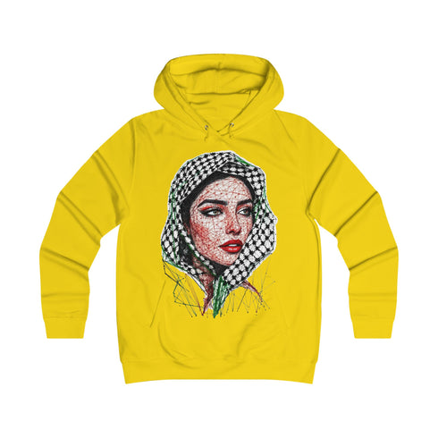 Palestinian Woman Face Art Hoodie - Keffiyeh Fractal Portrait College Sweatshirt