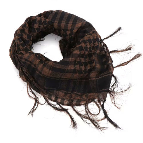 brown keffiyeh scarf with traditional Palestinian checkered pattern
