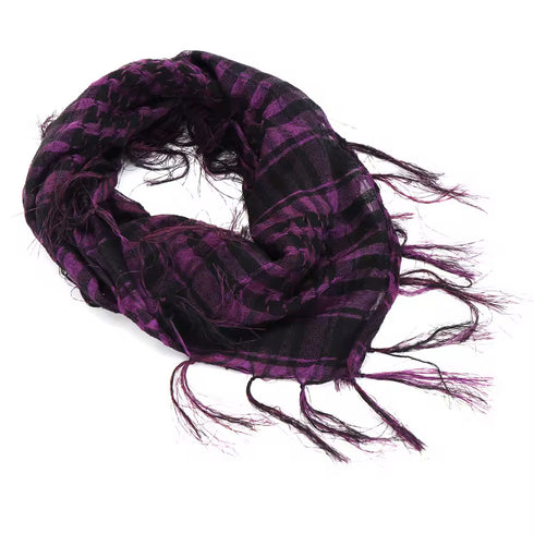 purple keffiyeh scarf with traditional Palestinian checkered pattern