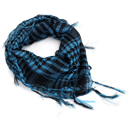 blue keffiyeh scarf with traditional Palestinian checkered pattern