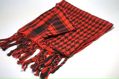 red keffiyeh scarf with traditional Palestinian checkered pattern