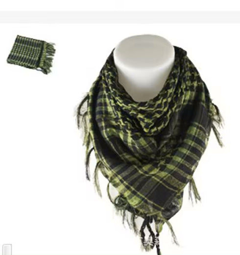 yellow keffiyeh scarf with traditional Palestinian checkered pattern