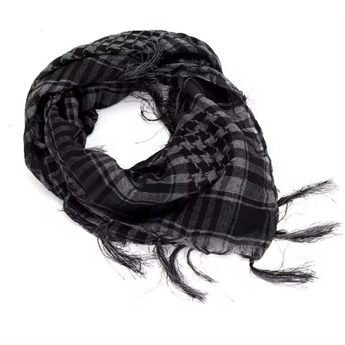 black keffiyeh scarf with traditional Palestinian checkered pattern