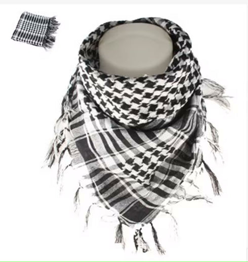 Authentic black and white keffiyeh scarf with traditional Palestinian checkered pattern