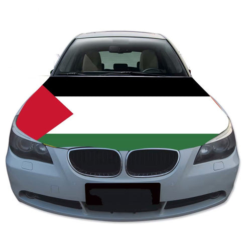 Palestine car hood cover with Palestinian flag design on a silver car, durable weather-resistant patriotic car accessory.