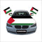 Car decorated with Palestine car hood cover, matching mirror covers, and window flags displaying Palestinian pride