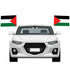 White car decorated with Palestine car hood cover, mirror covers, and two Palestine window flags fluttering on each side.